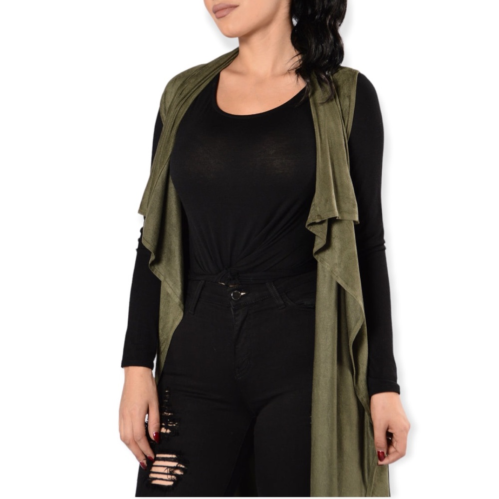 Vince Camuto Olive Green Vest Draped Shoulder Open Front Top Size XL New w/Tag